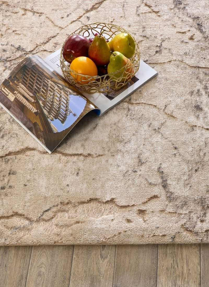 Abstract geometric rug in neutral tones with a magazine and fruit bowl on top, showcasing modern eco-conscious design.