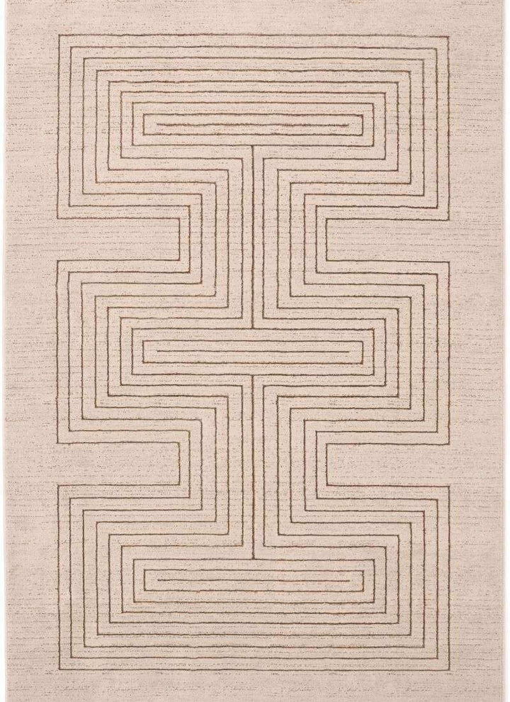 Abstract geometric rug with striped pattern in beige and brown, made from 100% recycled polyester.