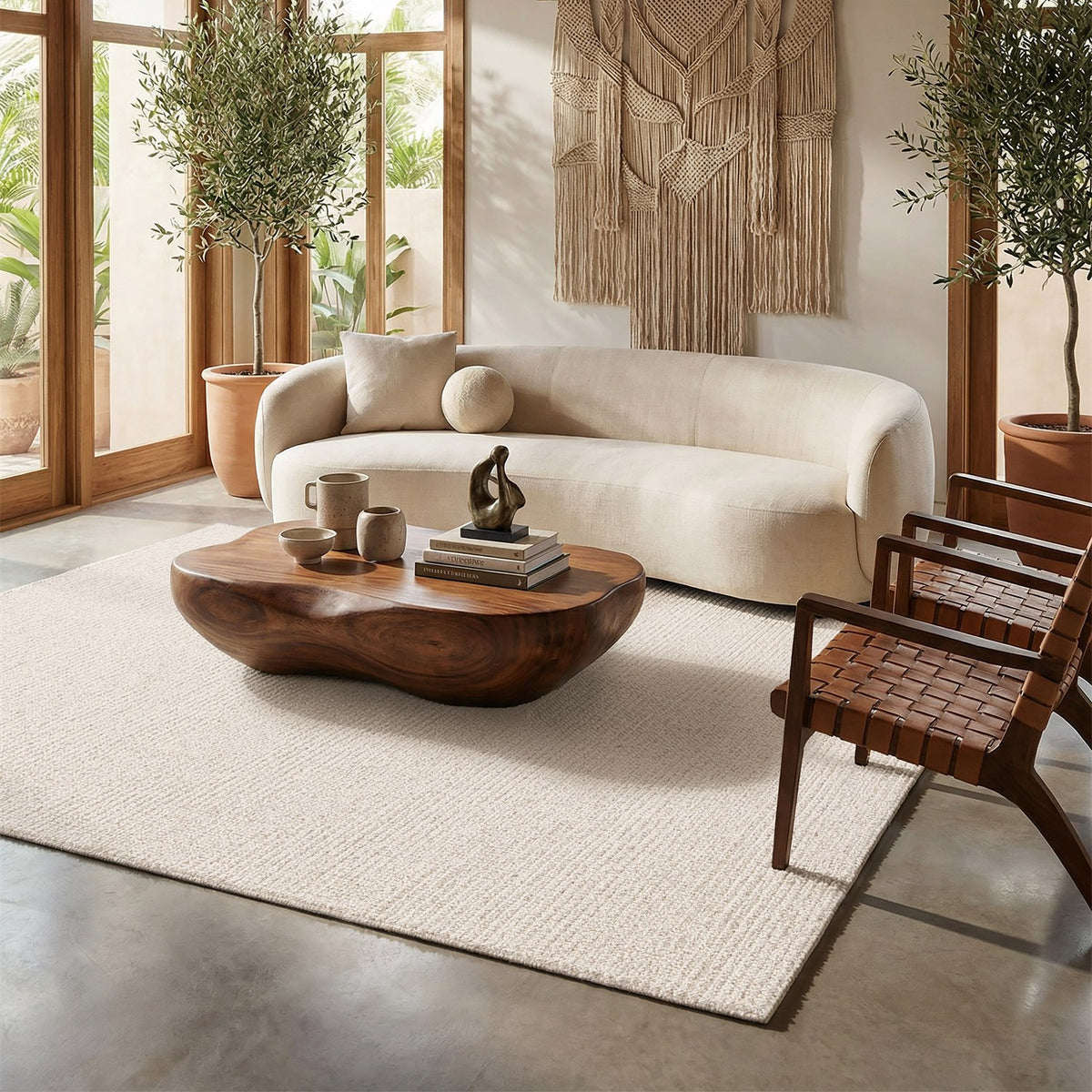 Dune Boucle cream textured rug, styled in a living room | The Rugs