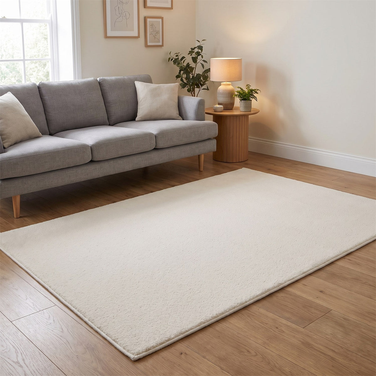 Washmellow cream washable rug in a living room with a grey sofa and oak floor | The Rugs
