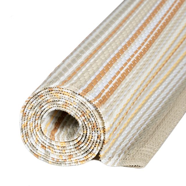 Beige Rainbow Outdoor Rug with colorful striped geometric patterns, rolled up for display, ideal for vibrant outdoor spaces.