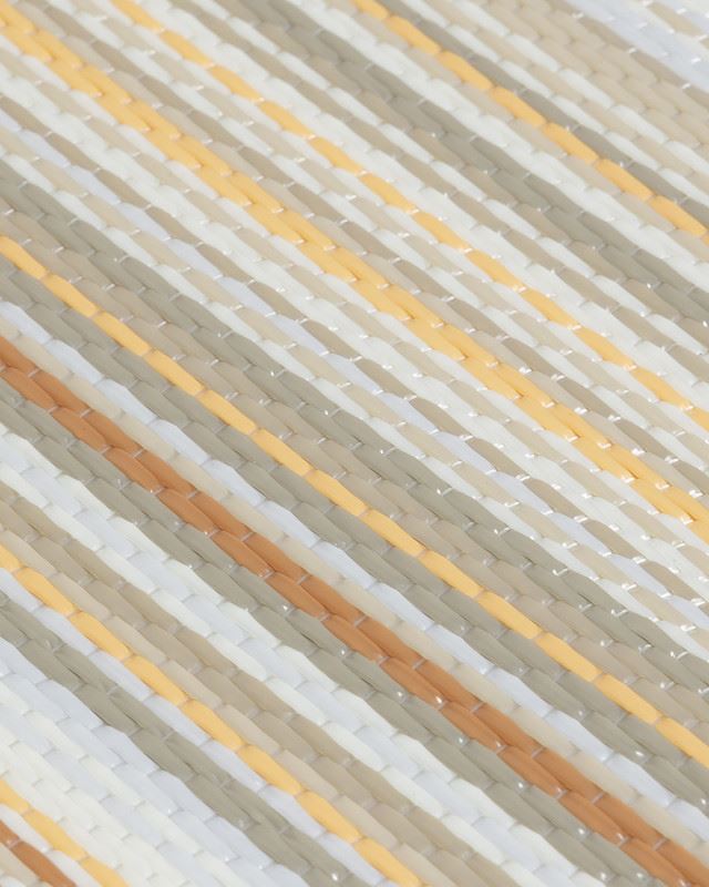 Beige rainbow outdoor rug with colorful geometric striped pattern, ideal for vibrant outdoor decor.