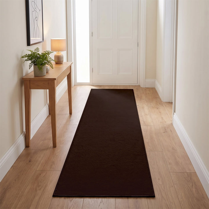 Washmellow dark brown washable runner in a hallway | The Rugs
