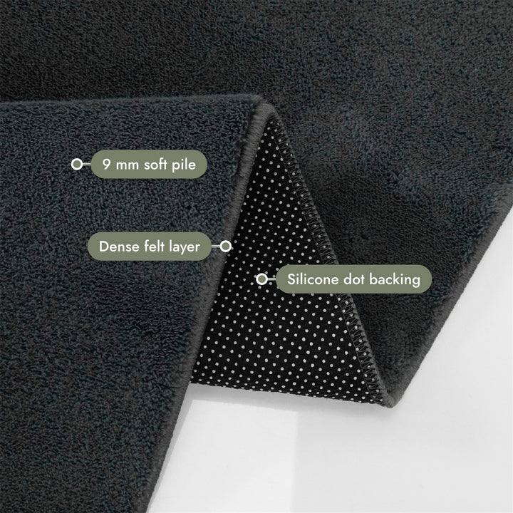 Washmellow dark grey washable rug, folded corner showing the pile, felt layer and backing | The Rugs