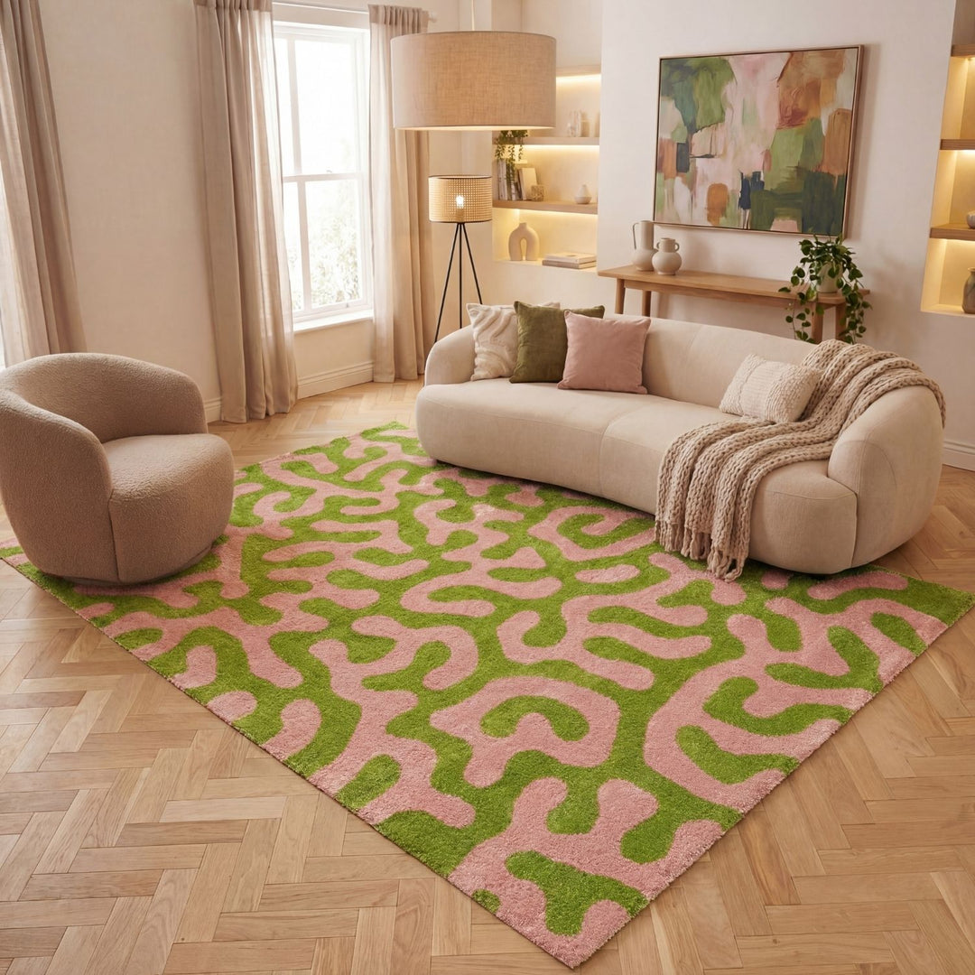 Pink and green patterned rug on a wooden floor easy to clean rug