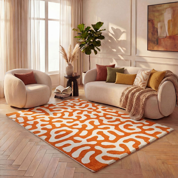 Joli Abstract Orange & White Soft Pile Rug Fade-proof.