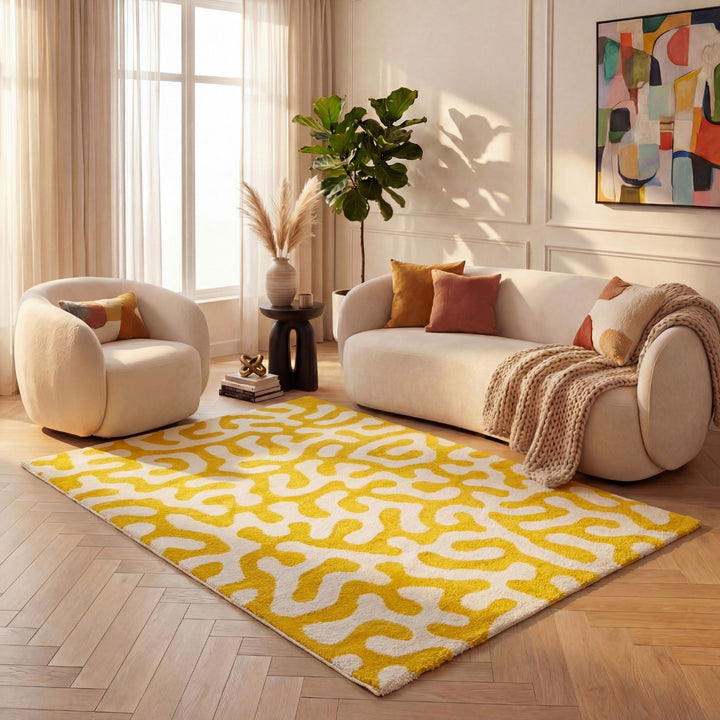 Joli Abstract Yellow & White Easy Care Rug underfoot comfort pile.