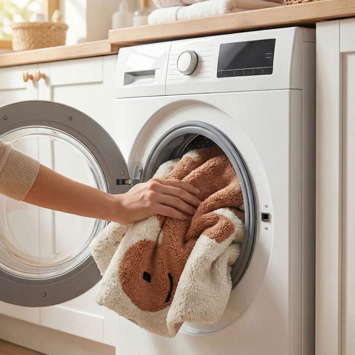 Person loading a plush toy into a washing machine in a kitchen.