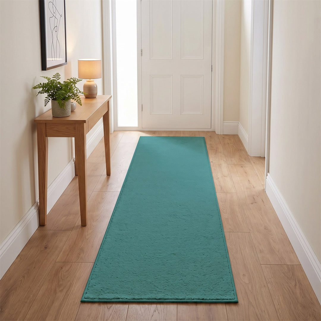 Washmellow duck egg blue washable runner in a hallway | The Rugs