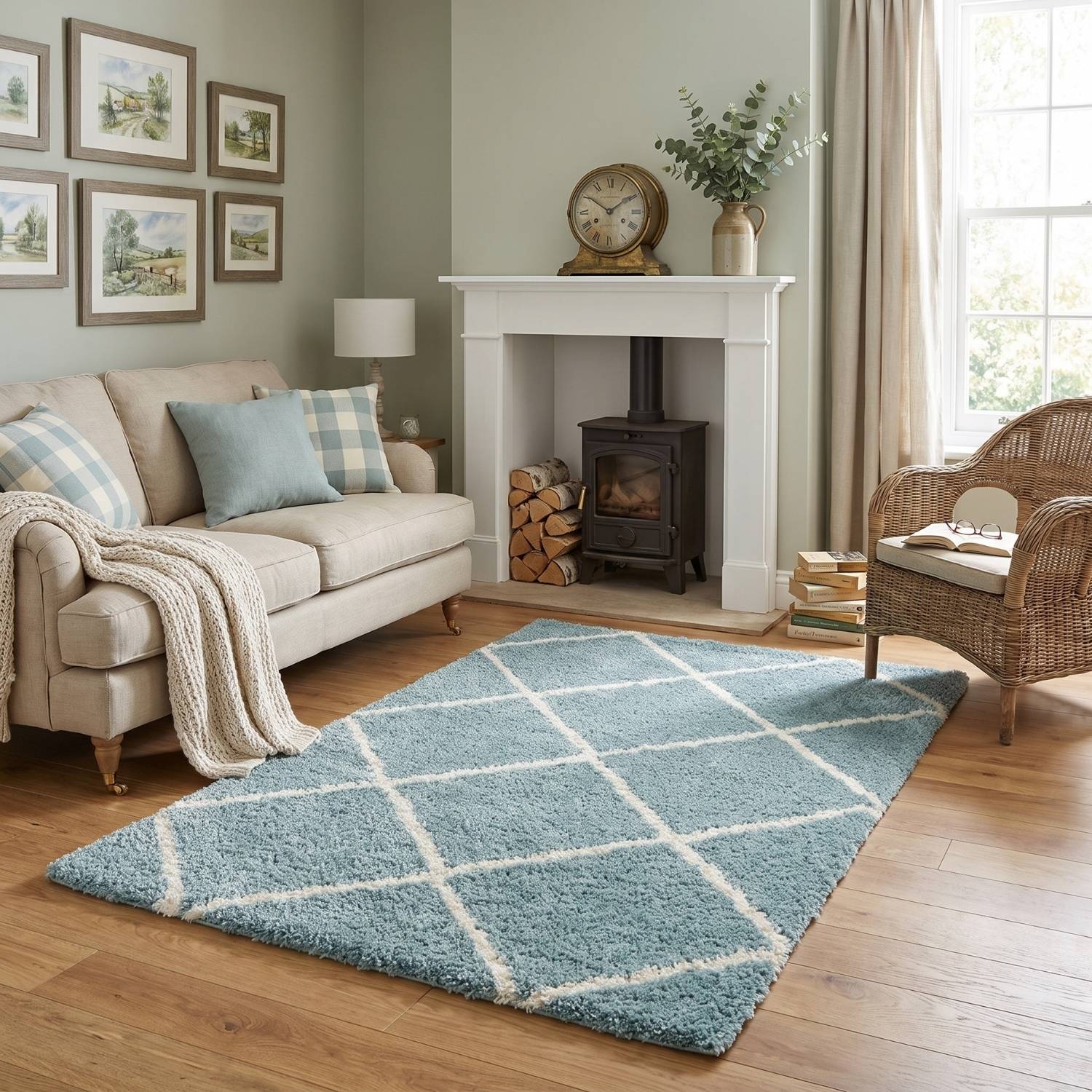 Diamond Design Thick Shaggy Area Rugs Duck Egg Blue