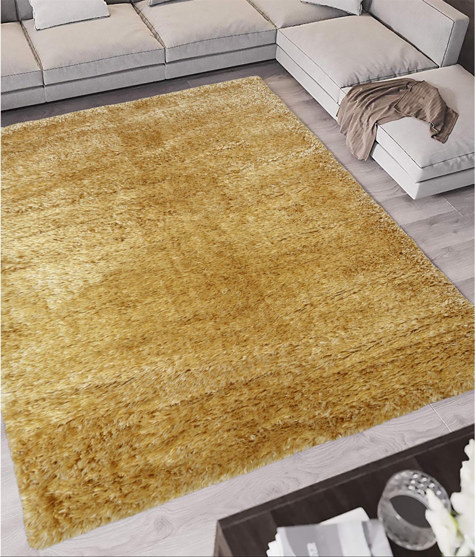 Solid Design Shaggy Rugs for Living Room in Ochre – The Rugs