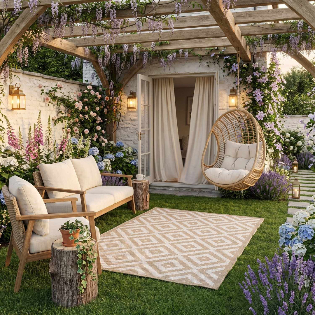 Outdoor Rug Diamond Design Beige and White | The Rugs