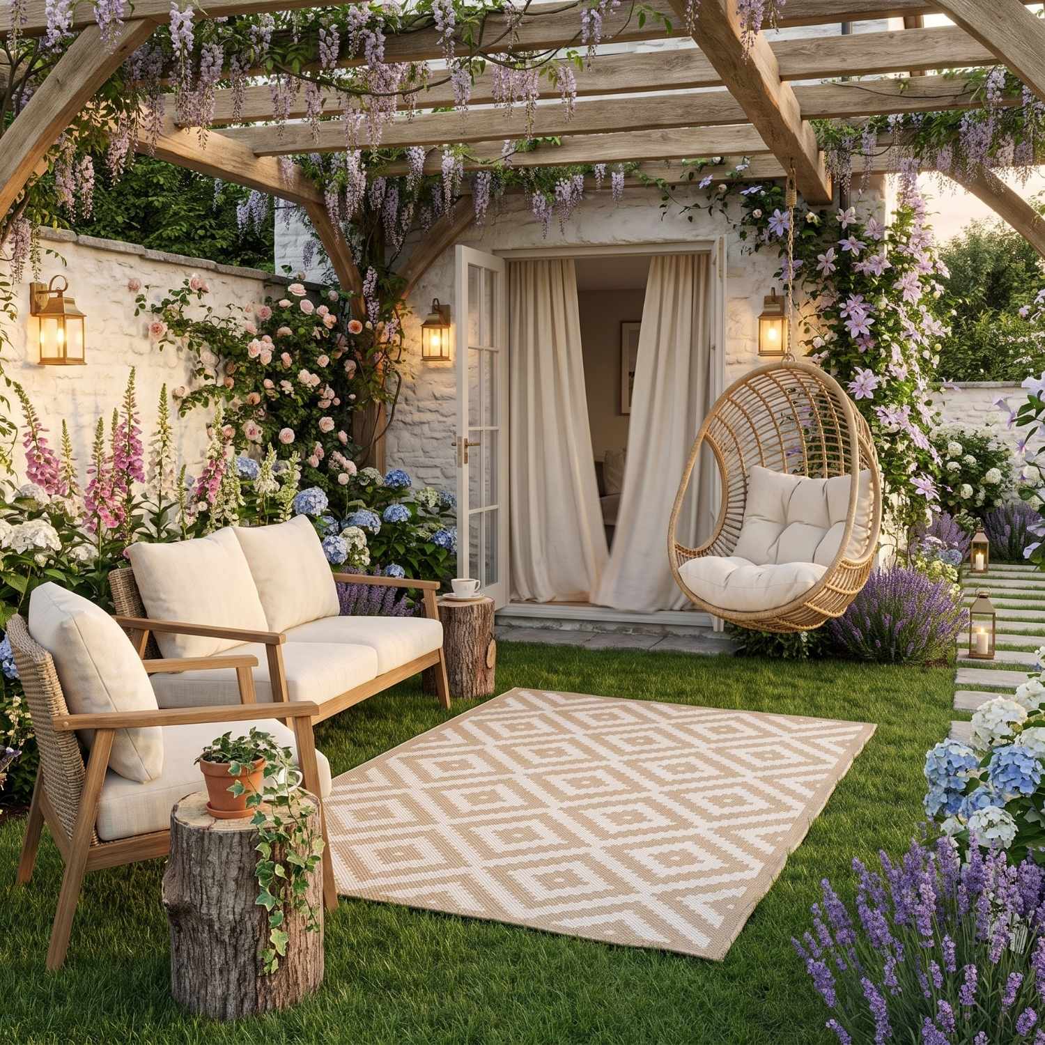 Outdoor Rug Diamond Design Beige and White | The Rugs