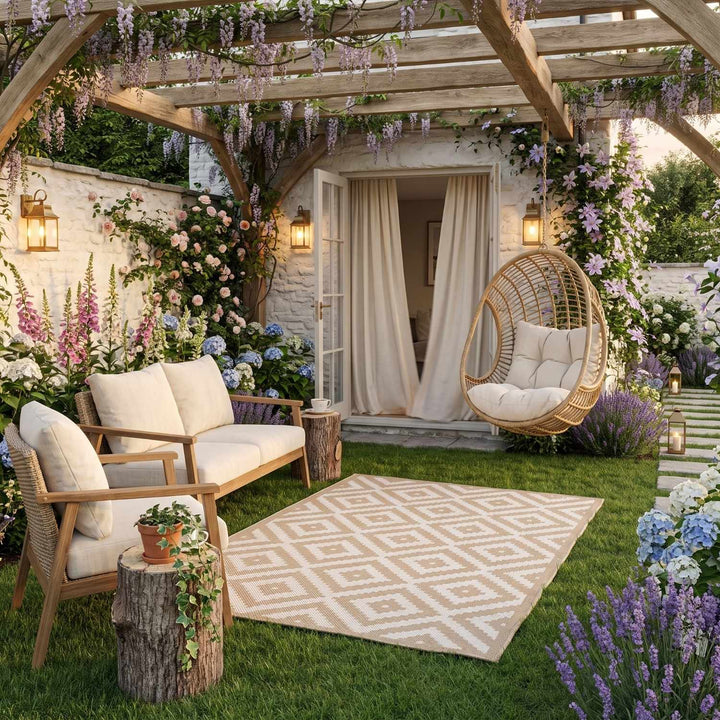 Outdoor Rug Diamond Design Beige and White | The Rugs
