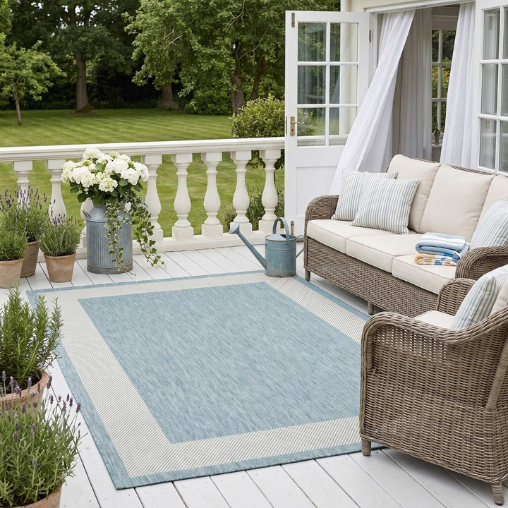 Bordered Design Outdoor Rug for Garden in Aqua | The Rugs