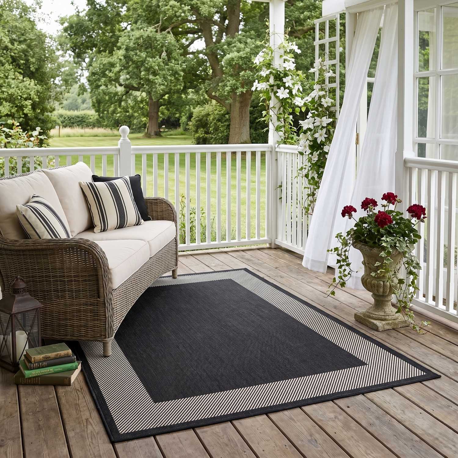 Outdoor Black Bordered Rug Weather resistant, Durable.