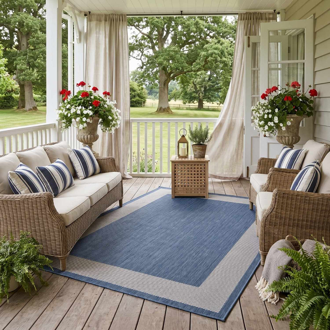 Bordered Design Outdoor Rug for Garden in Blue | The Rugs