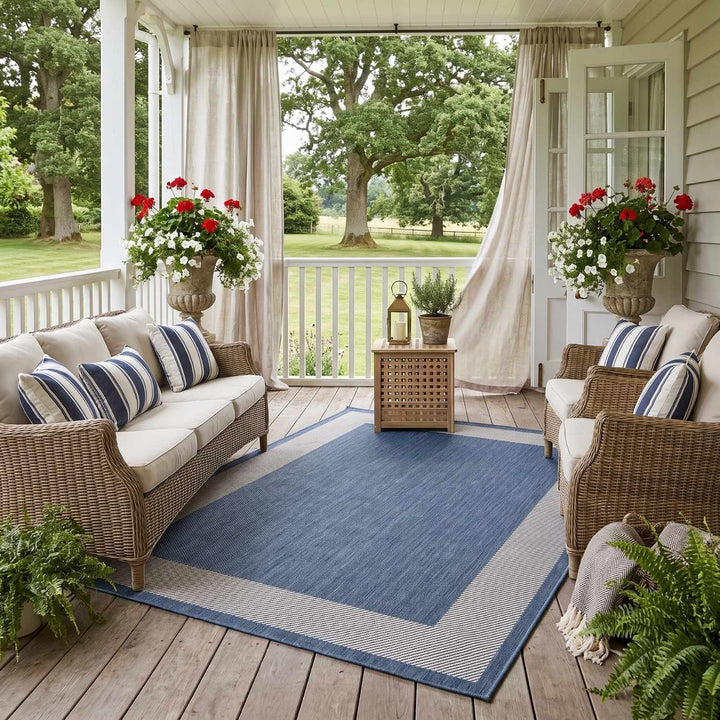 Bordered Design Outdoor Rug for Garden in Blue | The Rugs