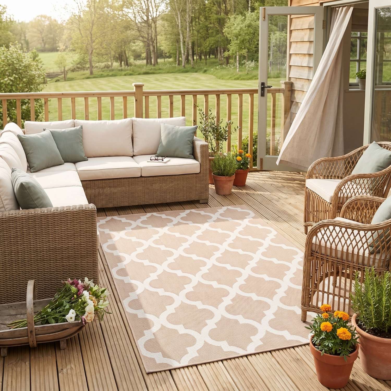 Beige Trellis Design Outdoor Rug for Garden & Patio