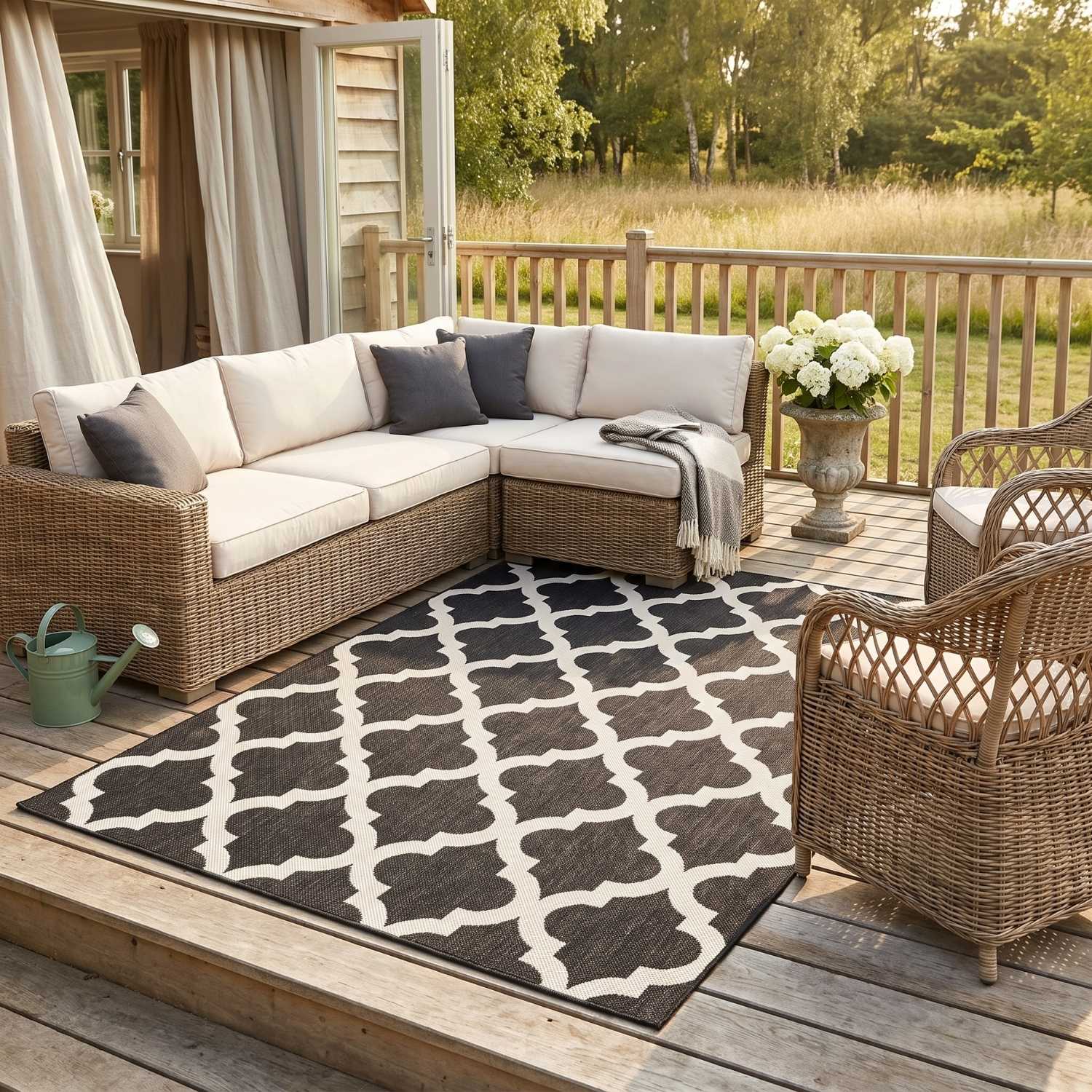 Black Trellis Design Outdoor Rug for Garden & Patio