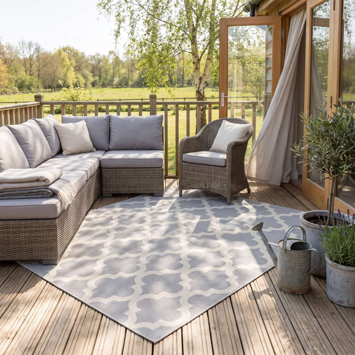 Grey Trellis Design Outdoor Rug for Garden & Patio