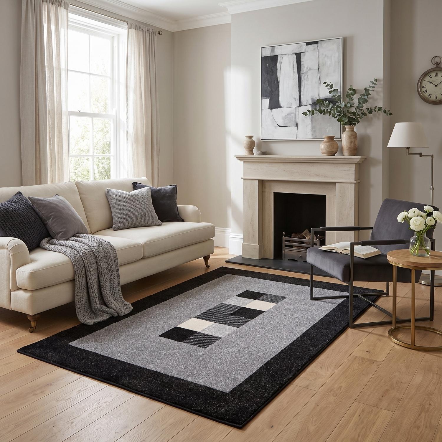 Modern Living Room Rug Bordered Design Grey Black | The Rugs