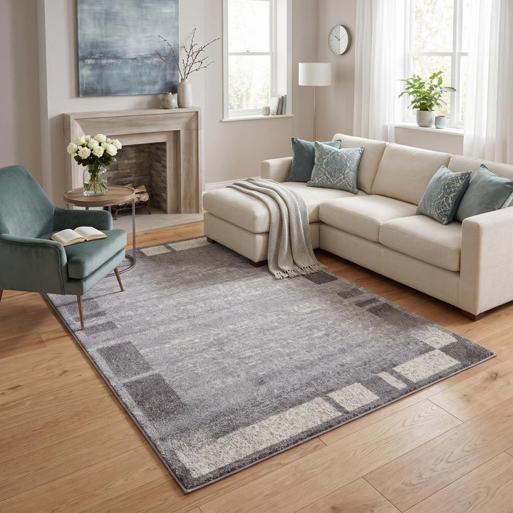 Modern Living Room Rug Bordered Grey Cream | The Rugs