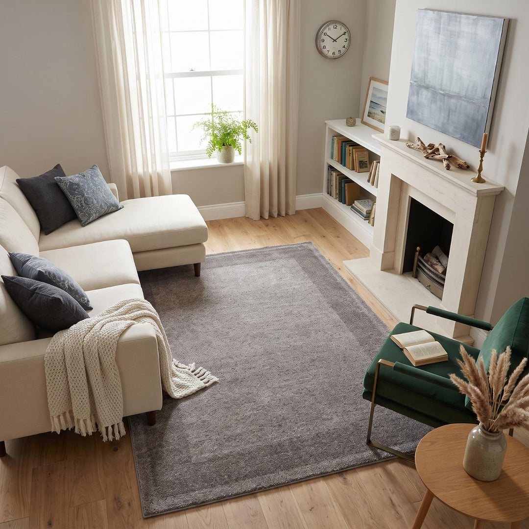 Modern Living Room Rug Bordered Design in Grey | The Rugs