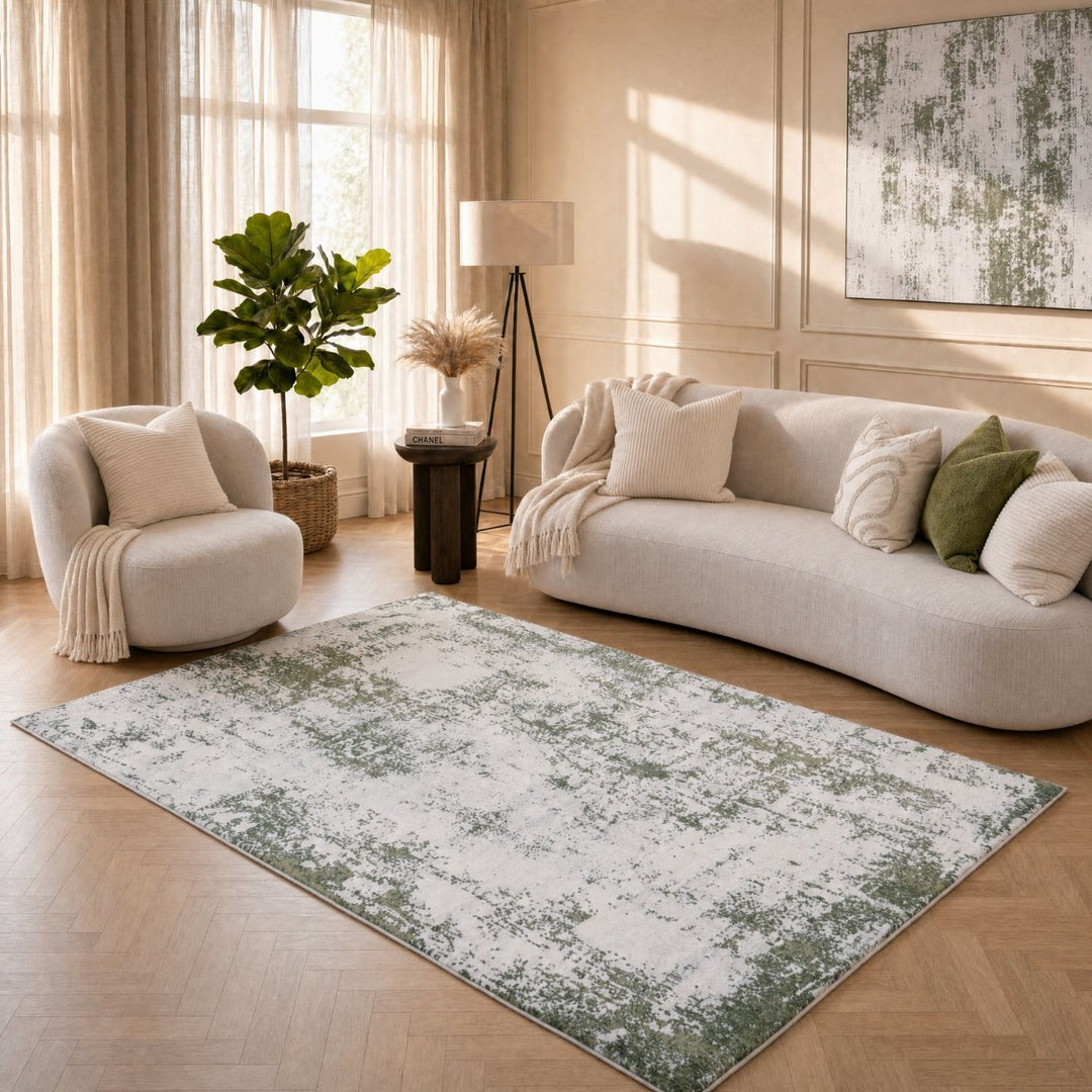Elaris green abstract rug, jute backing, hardwearing, polypropylene material | The Rugs