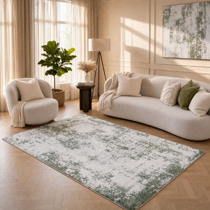 Elaris green abstract rug, jute backing, hardwearing, polypropylene material | The Rugs
