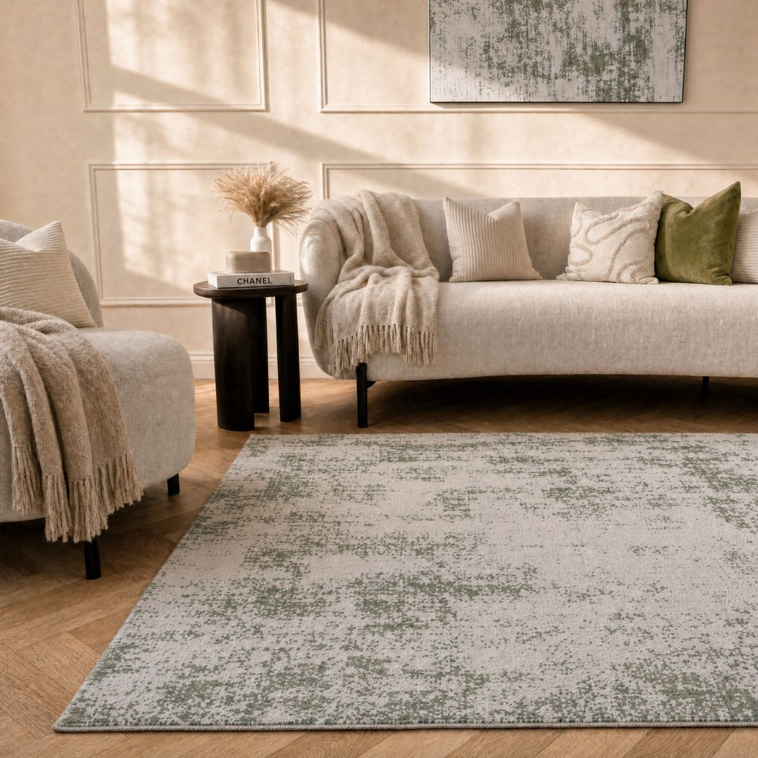 Elaris green abstract rug, jute backing, hardwearing, polypropylene material | The Rugs