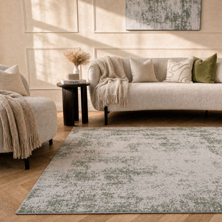 Elaris green abstract rug, jute backing, hardwearing, polypropylene material | The Rugs
