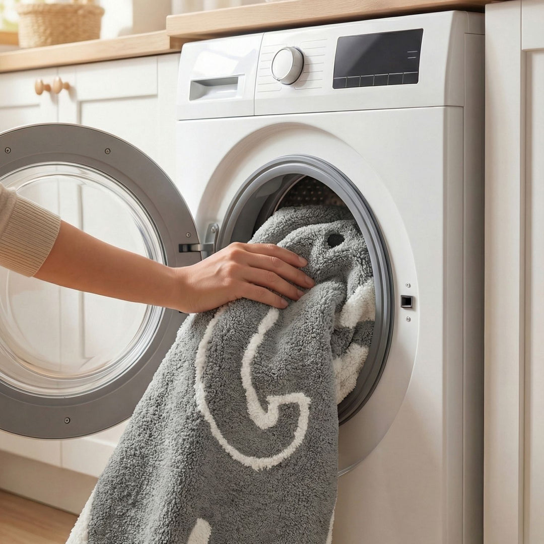 Person taking a gray towel out of a white washing machine in a kitchen.