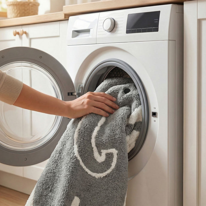Person taking a gray towel out of a white washing machine in a kitchen.