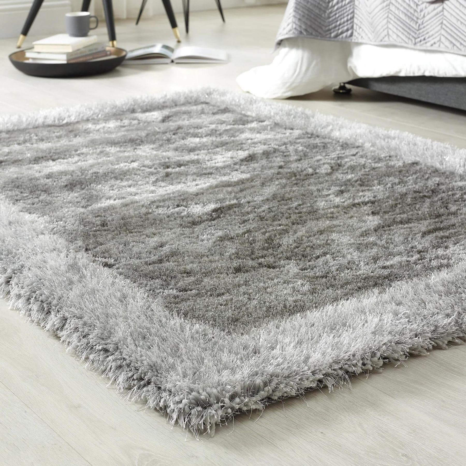 Shimmer Silver Grey Bordered Shaggy Rug – The Rugs