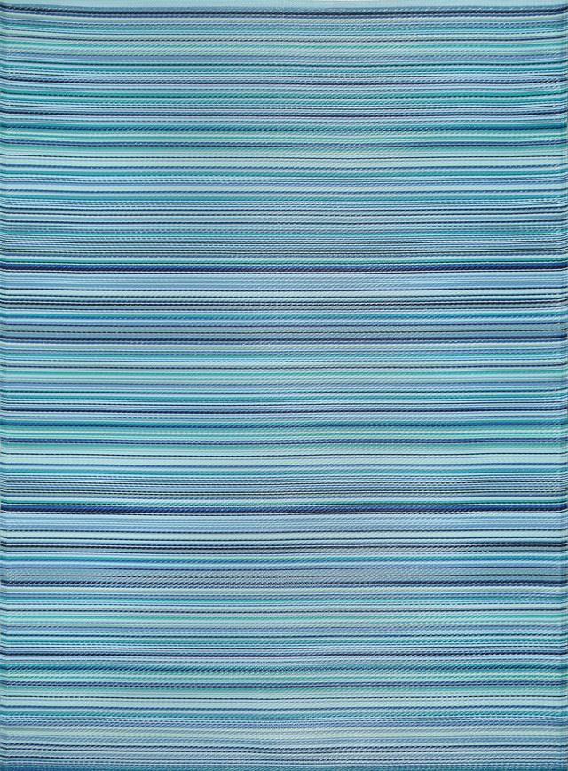 Blue striped geometric outdoor rug with vibrant colors, ideal for adding modern flair to outdoor spaces, durable and stylish.