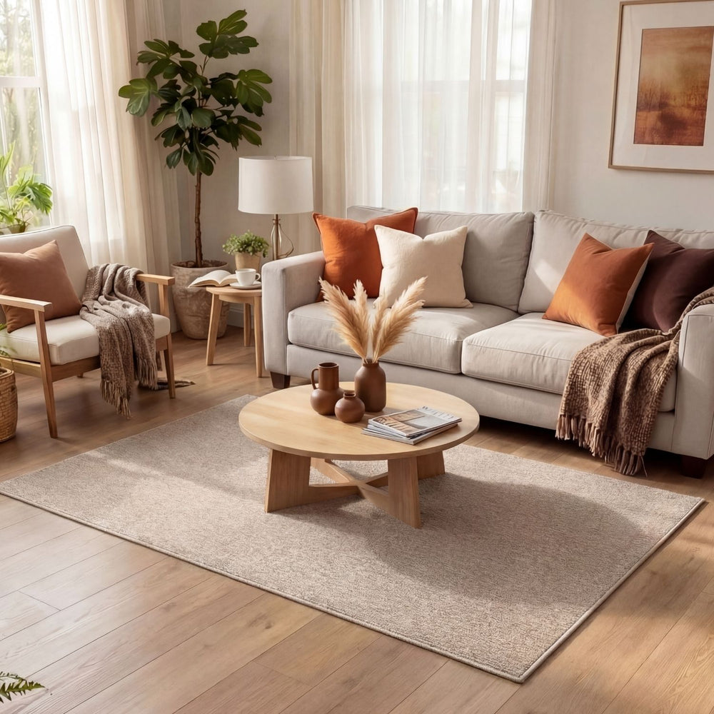 Cozy living room with a gray sofa, wooden coffee table, and decorative pillows.