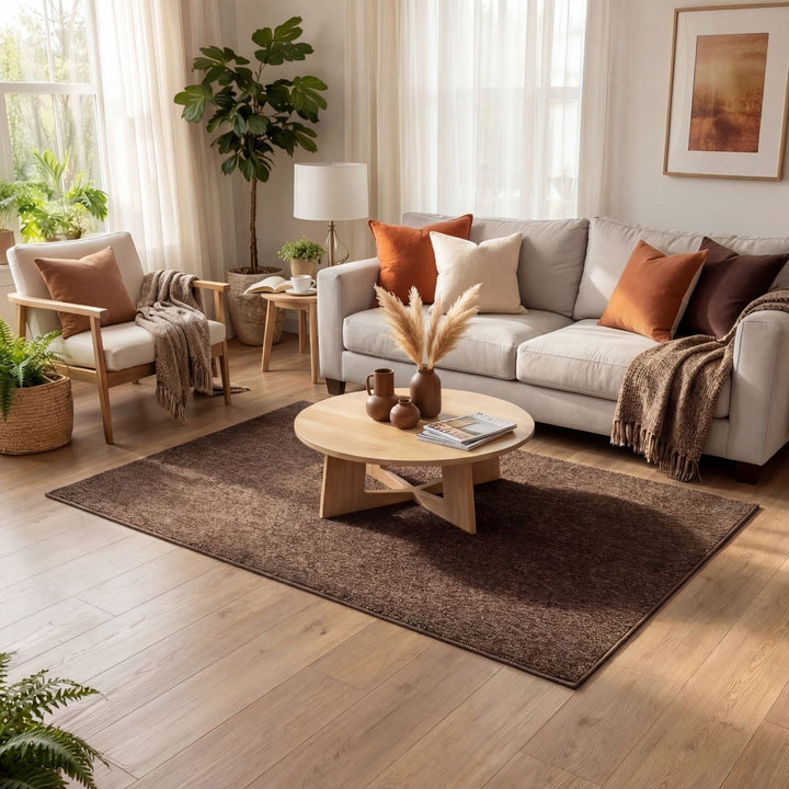 Cozy living room with a gray sofa, wooden coffee table, and decorative elements.