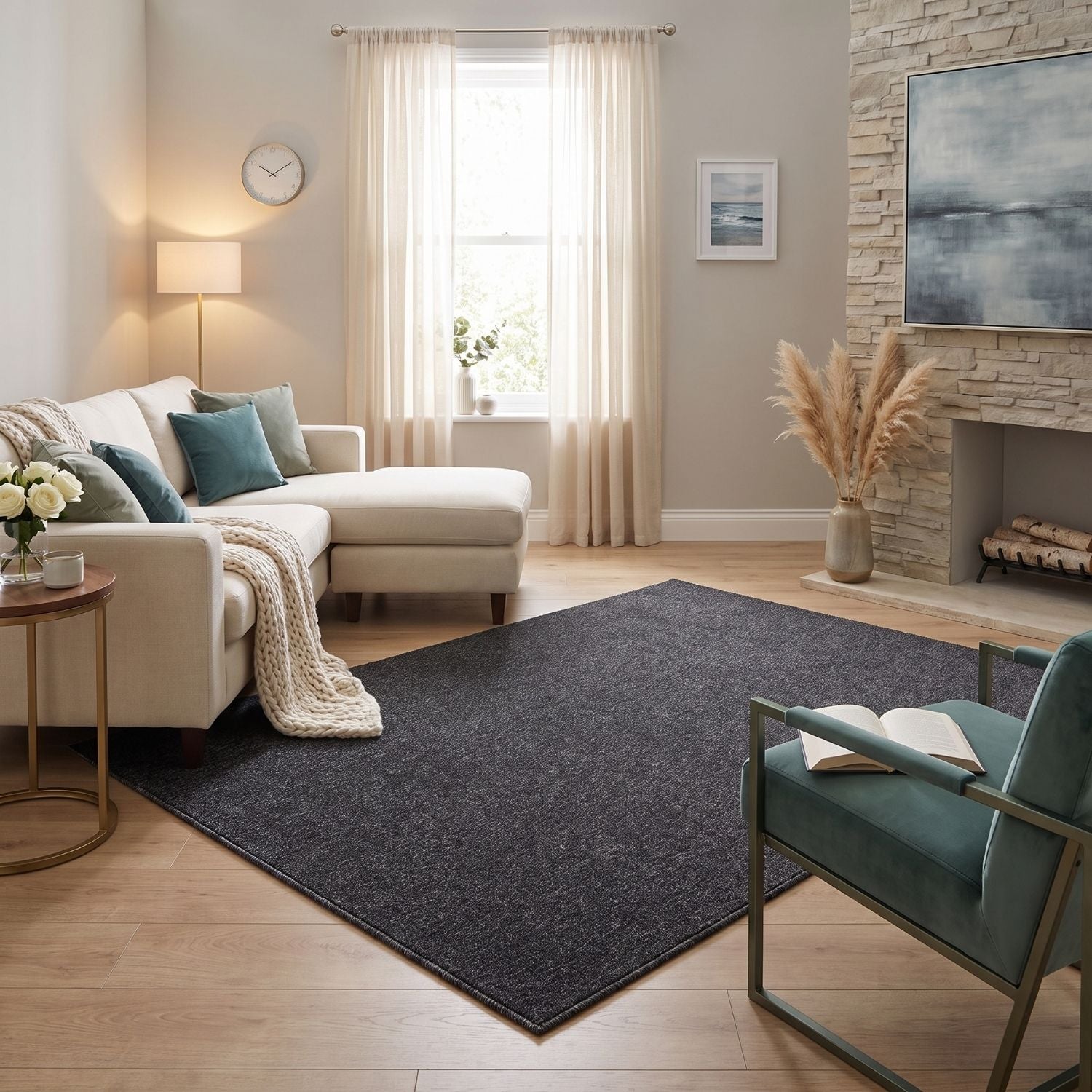 Dark Grey Low Pile Area Rug Plain Design