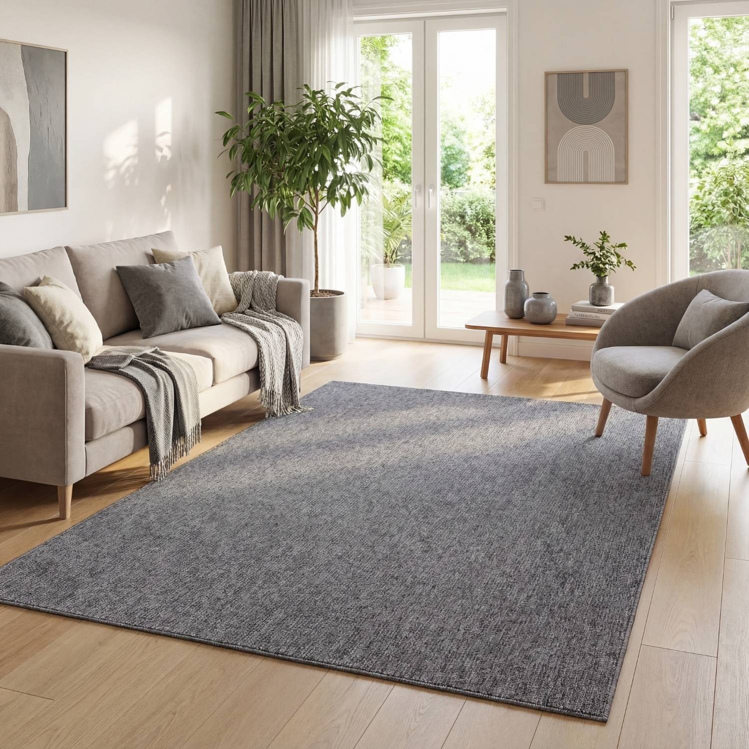  Grey Low Pile Area Rug Plain Design