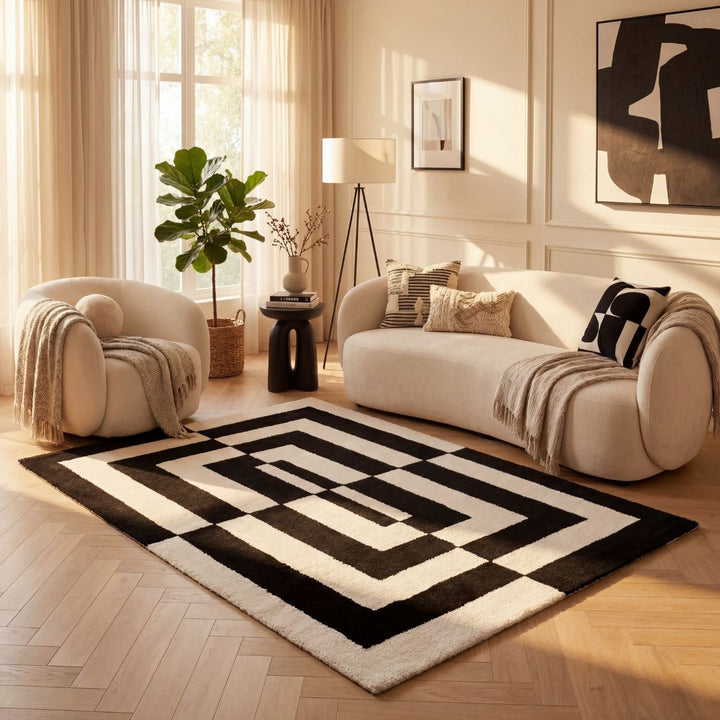 Black and white geometric patterned rug living room area