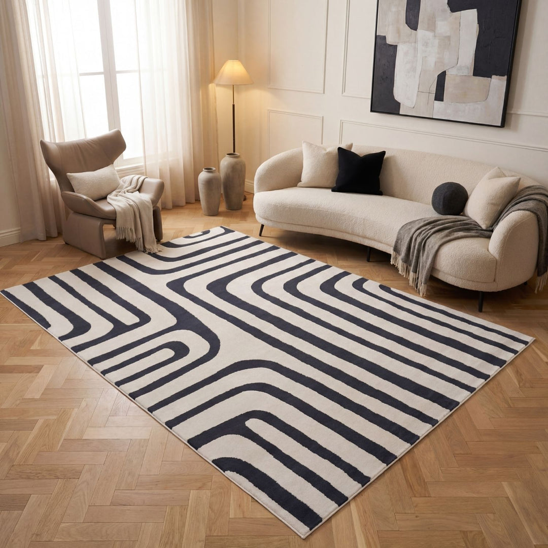 geometric blue cream rug non-shed textured pile