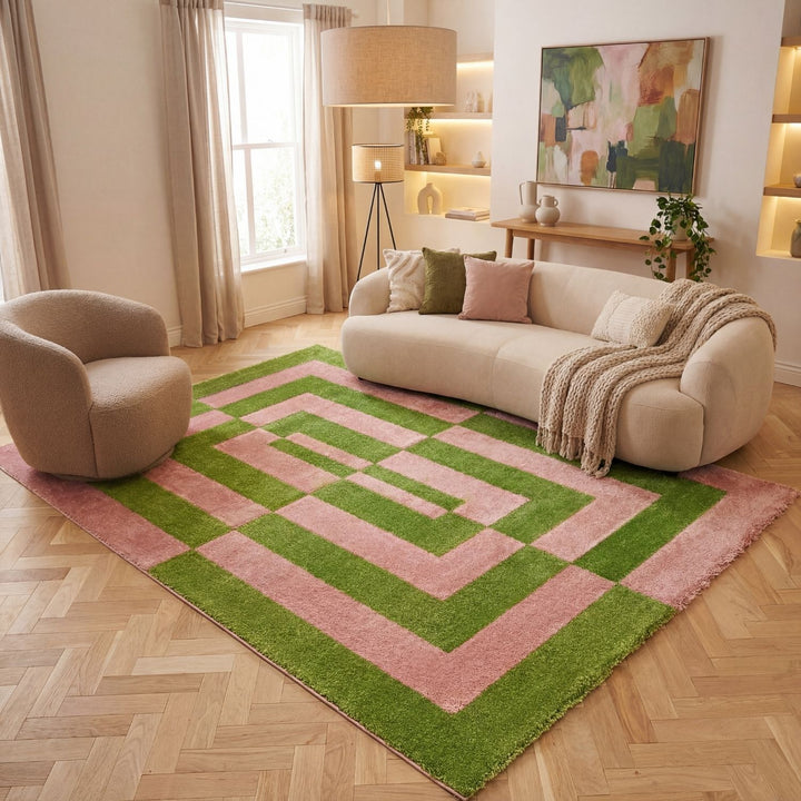 Geometric patterned rug with pink and green colors, living room image