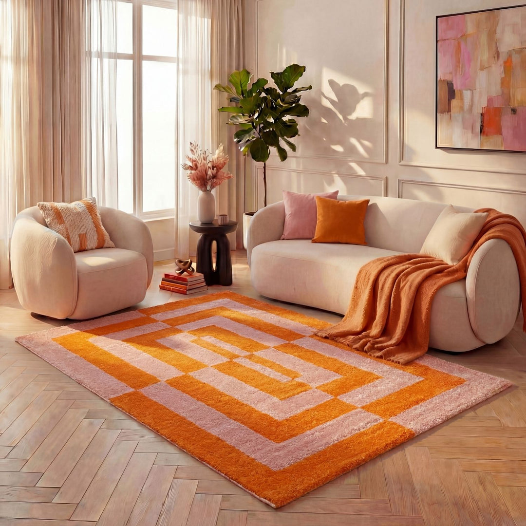 Geometric patterned orange and pink rug, living room.
