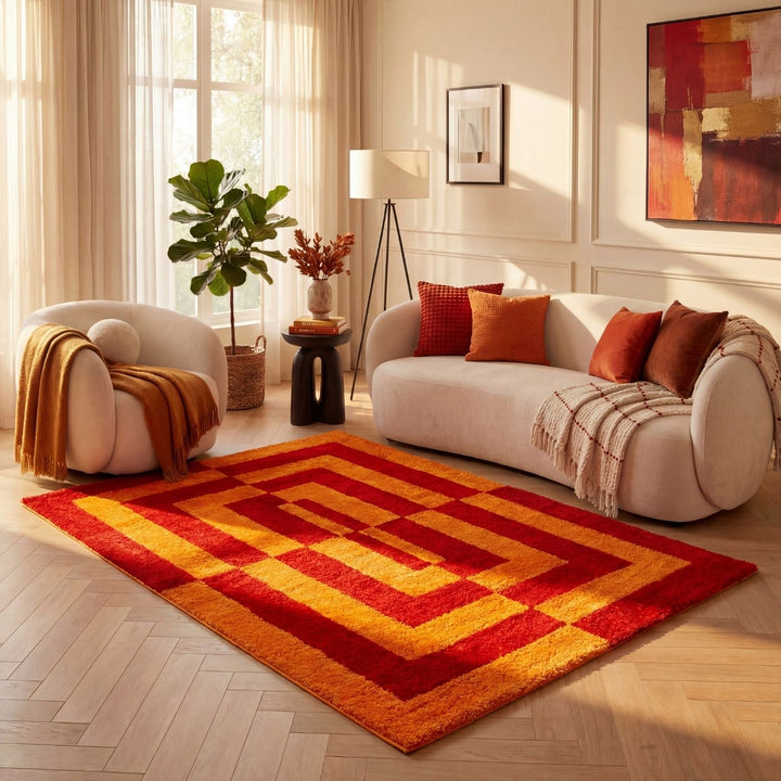 Red and orange geometric rug on a wooden floor with a white sofa.