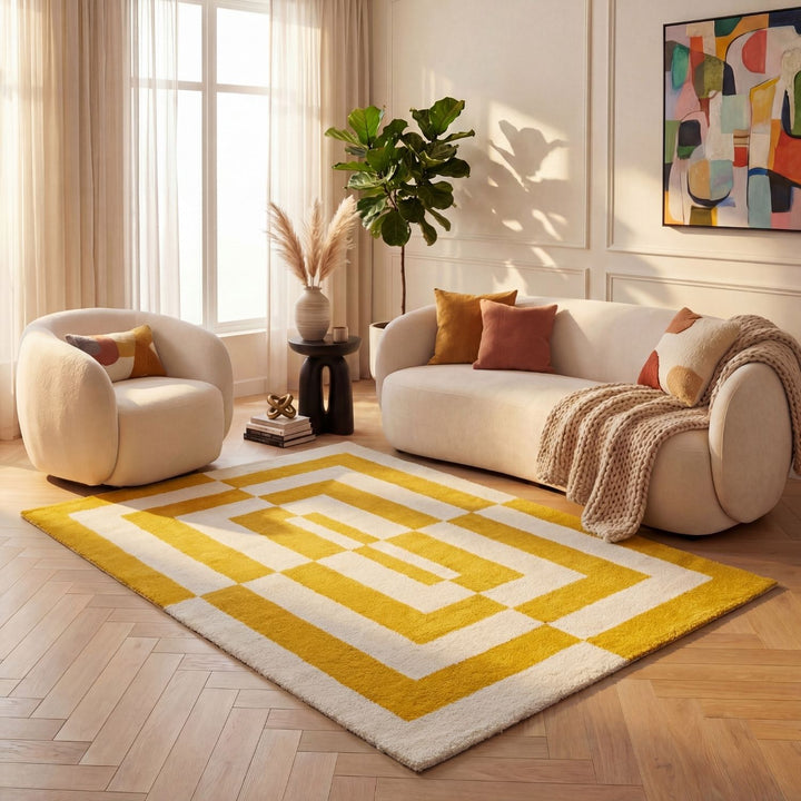 Yellow and white geometric patterned rug