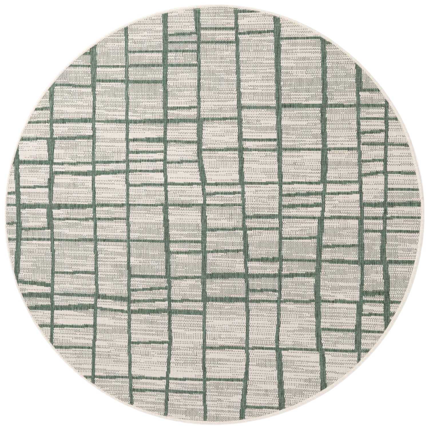 Round rug with green line pattern on a white background
