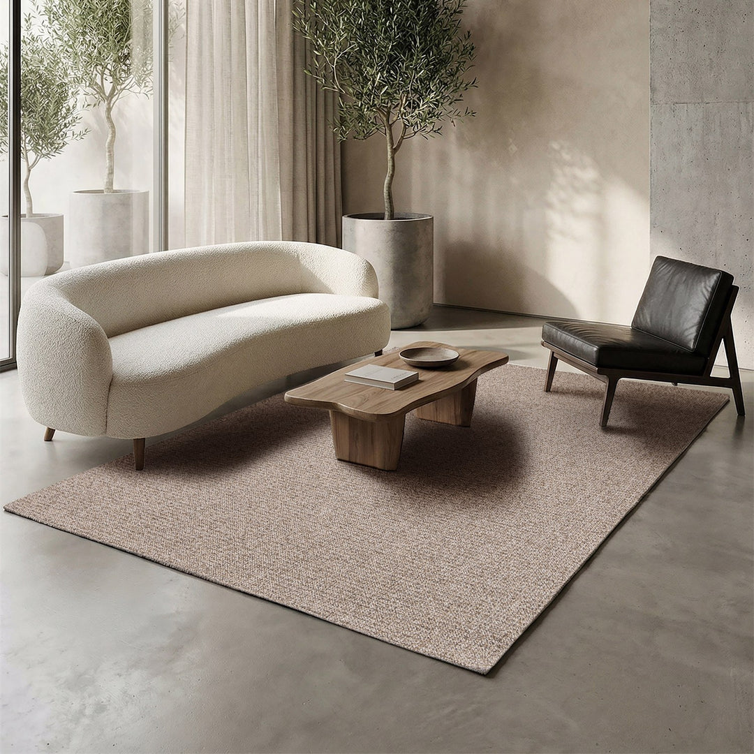 Dune Boucle greige textured rug, styled in a living room | The Rugs