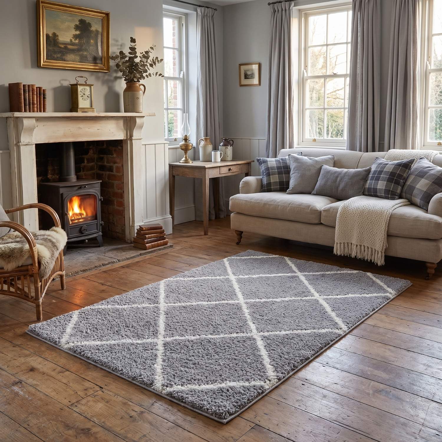 Diamond Design Thick Shaggy Area Rugs Grey