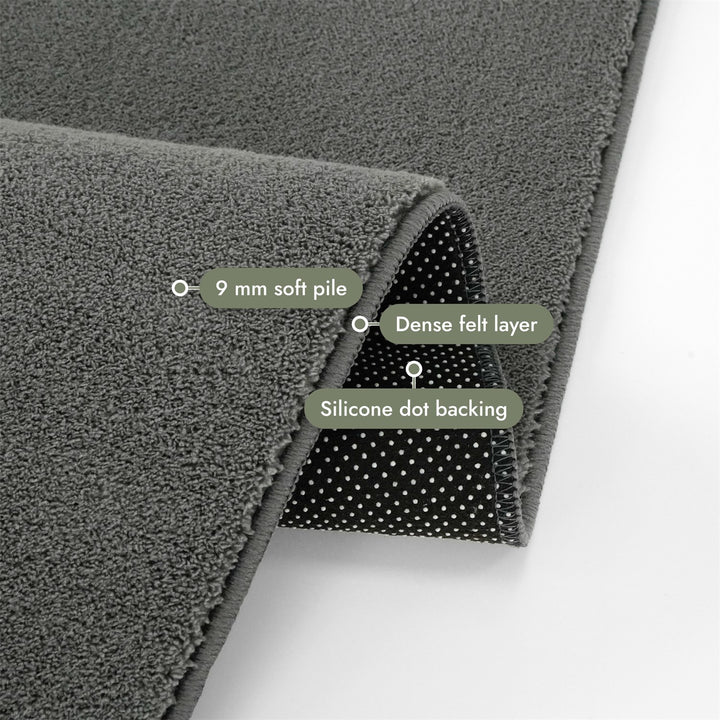 Washmellow grey washable rug, folded corner showing the pile, felt layer and backing | The Rugs